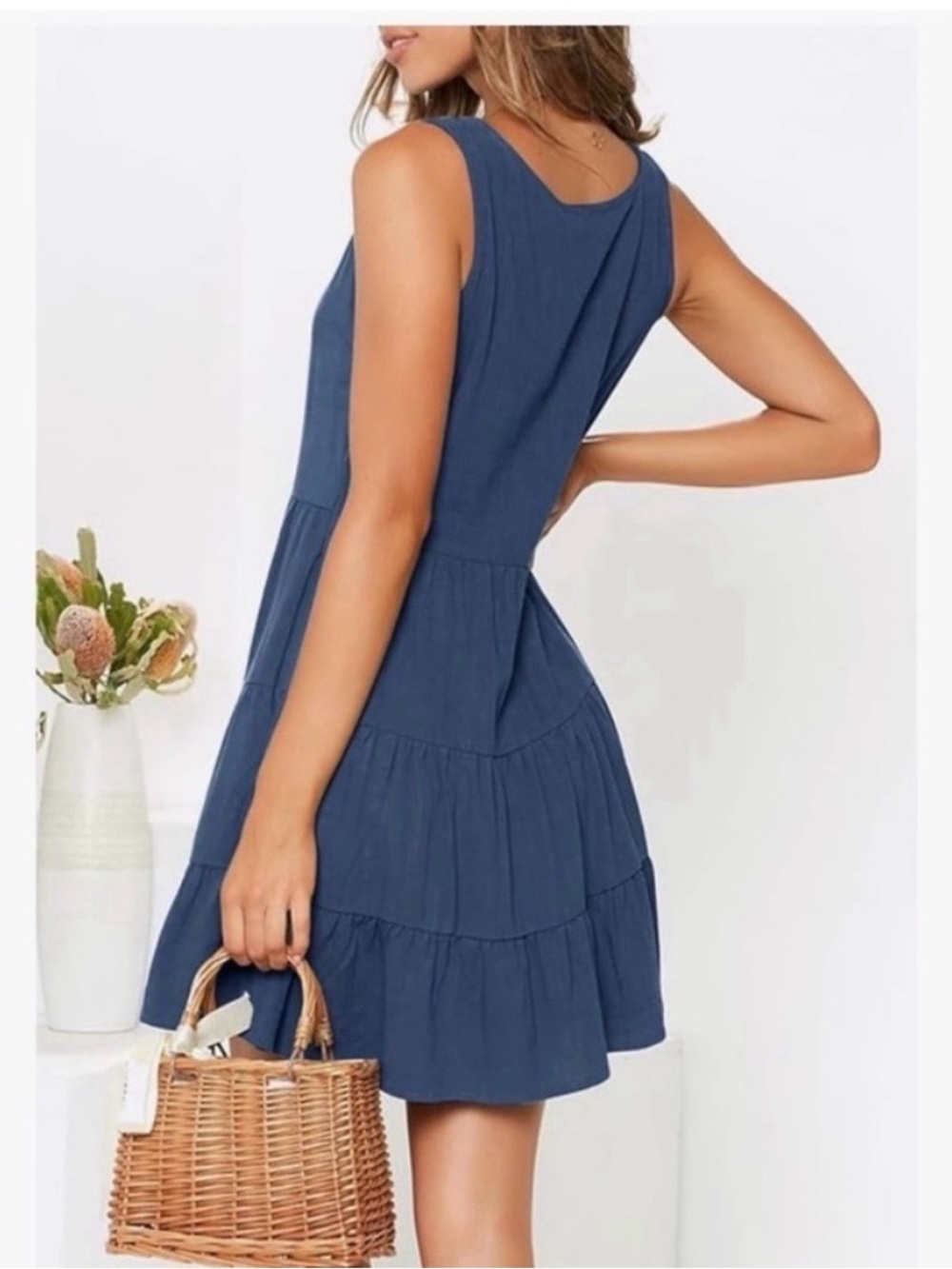💙 Navy Blue MITILLY Sleeveless V-Neck Button Down A-Line Swing Dress - Size M - Picture 3 of 4